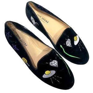 Jon Josef Flying Saucer Flats | Black Velvet Loafer Eclectic Embroidery | Size 8